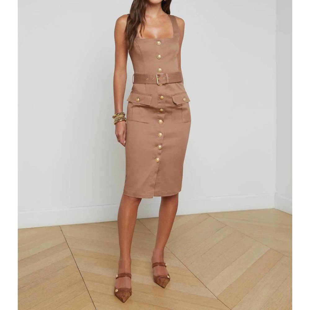 L'AGENCE Tan Button-Front Belted Sheath Dress